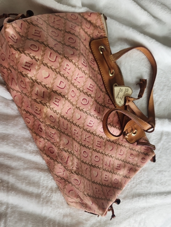 Dooney & Bourke Handbags - Dooney And Bourke Pink Patterned Drawstring Tote Bag with Brown Trim